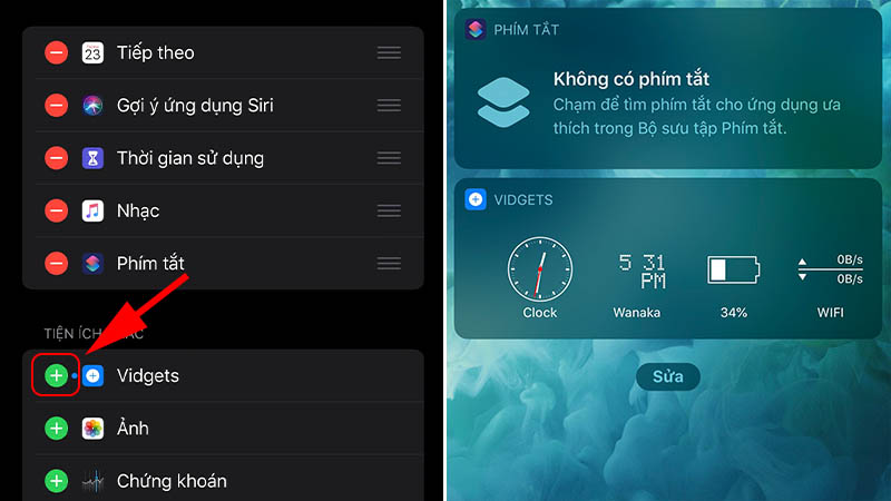 Thêm Vidgets vào tiện ích